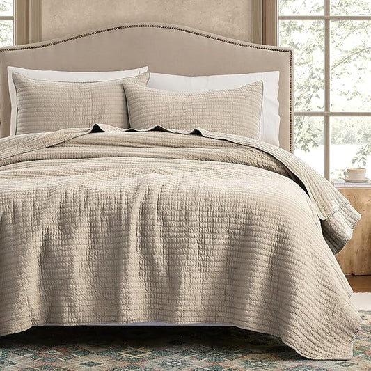 WDCOZY 100% Cotton Twin Size Quilt Set - Beige Neutral Striped Pick Stitch Soft Lightweight Bedspread, Textured Like Linen, Farmhouse Country Rustic Coverlet, Shabby Chic Gauze Bedding, 2 Pieces