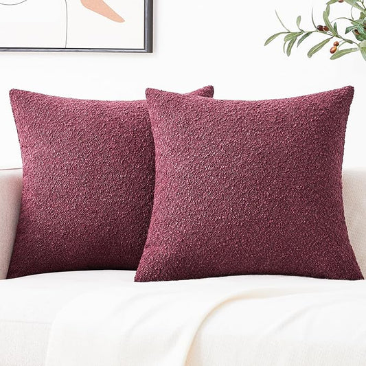 Mixhug Decorative Boucle Throw Pillow Covers, Burgundy Red, 18 x 18 Inches, Pack of 2 - Textured Boho Pillow Covers for Couch and Bed