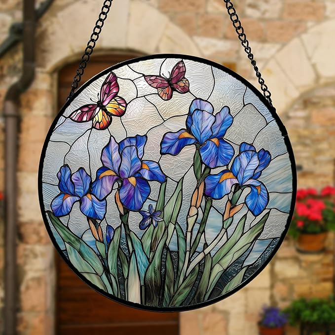 DASTOLL Stained Glass Window Hanging, Blue Iris Flowers Butterfly Suncatcher Diamond Colorful Glass Panel Sun Catchers Decor for Birthday for Women, Men, Wife, Aunt, and Mom 6.3 in