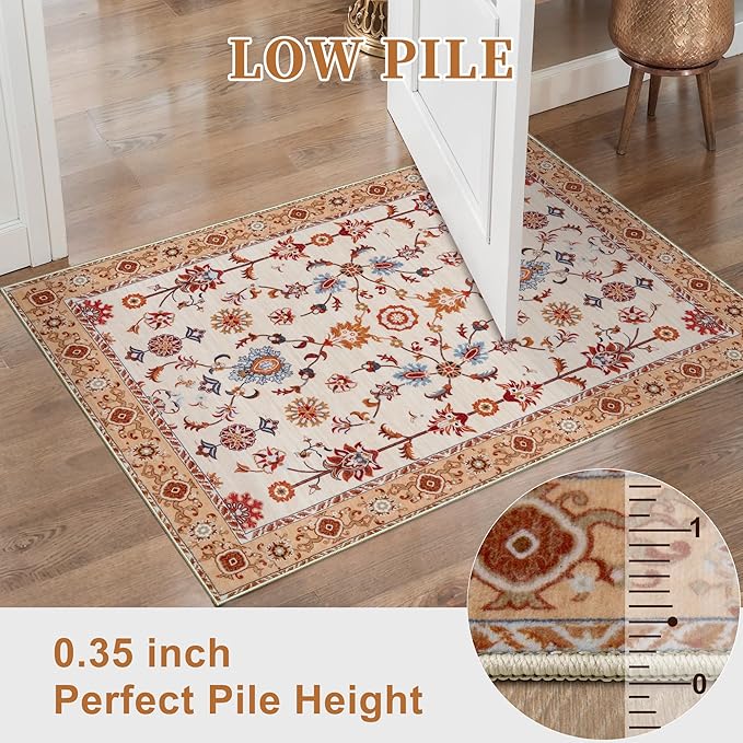 Tangsoo Washable Runner Rug for Hallway Non Slip, 2x6 Boho Floral Vintage Carpet Runner Rugs for Entryway, Floor Low Pile Runners for Kitchen Bathroom Laundry Bedroom Alfombra Orange Farmhouse
