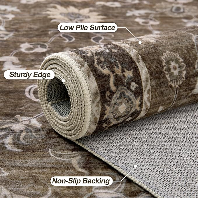 Tangsoo 2x3 Small Rug Washable Brown Entry Rugs for Entryways Non-Slip Vintage Floral Throw Area Rugs Boho Rugs Distressed Floor Carpet Soft Low Pile Door Mat for Entrance Bedroom Kitchen Foyer Decor