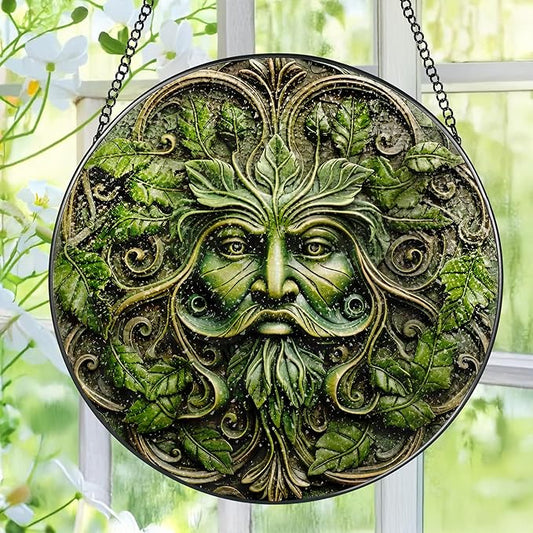 Green Man Stained Glass Suncatcher, Stained Glass Window Hanging, 8 Inch Window Decor Hanging, Gift for Garden Lovers, Fathers Day Birthday Gifts for Dad Grandpa Man Bother Husband Lover