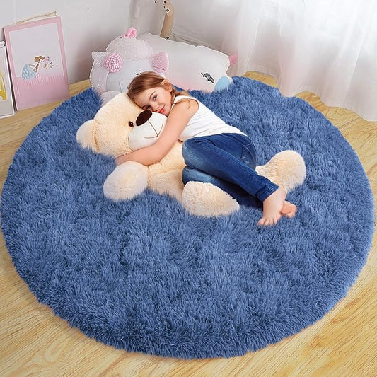 Round Fluffy for Bedroom Rugs, 5Ft Navy Blue Shag Circle Rug Non-Slip for Kids Girls Boys Bedroom Dorm Nursery Playroom, Soft Cute Area Rugs for Living Room Decor