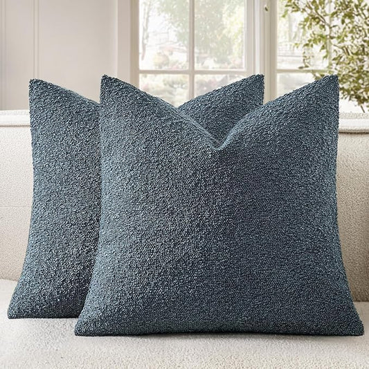 Woaboy Pack of 2 18x18 Inch Decorative Boucle Throw Pillow Covers Textured Square Pillowcaes Accent Solid Cozy Soft Cushion Covers Home Decor for Sofa Couch Living Room Home Decor,Dark Blue