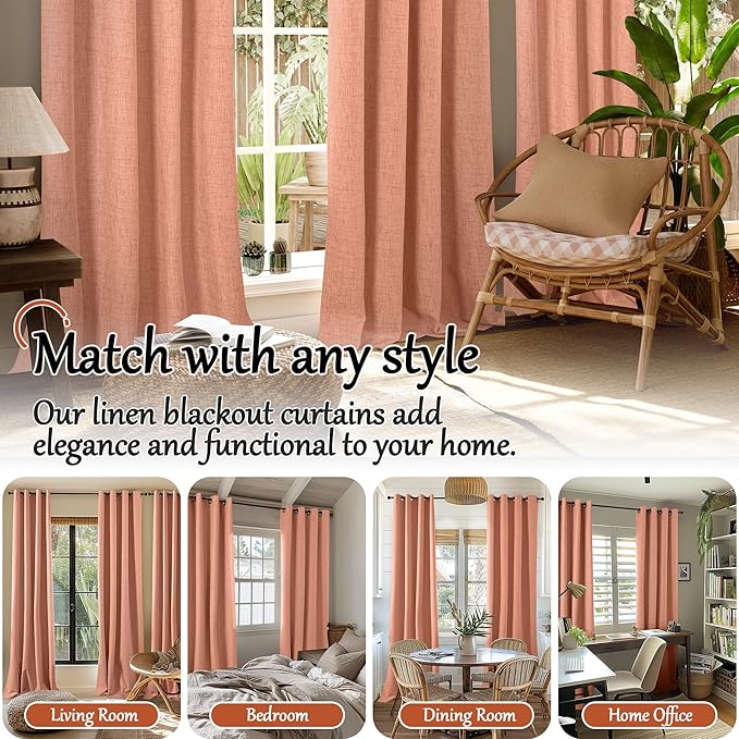 Lajode Terracotta Linen Blackout Curtains 54 Inch Long 2 Panels for Bedroom, Thermal Insulated Total Light Blocking Noise Reducing Window Curtains for Farmhouse Living Room, Each 52x54 Inch 2 Panels