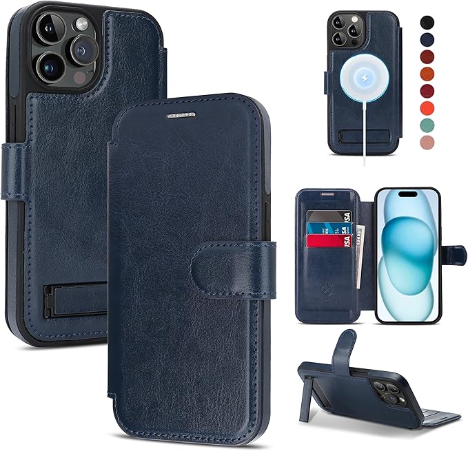 CIVICASE for iPhone 15 Pro Wallet Case with Stand,PU Leather Flip Credit Card Holder Slots (RFID Blocking),Compatible with Magsafe Magnetic Holder Phone Cover Women Men,Blue