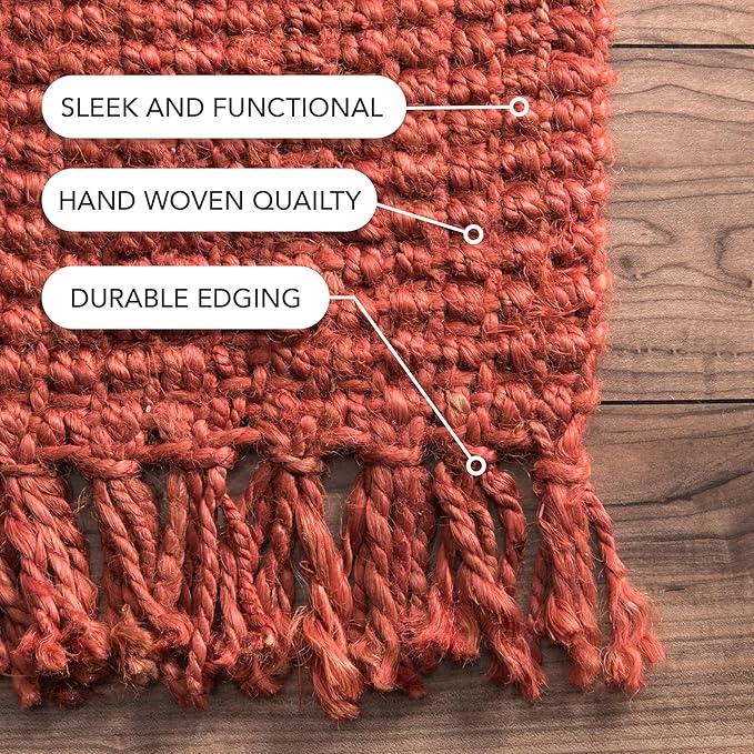 Nuloom Daniela Brick, 3' x 5', Handmade, Jute, Tassel, Soft and Textured, High Traffic, Stain Resistant, Easy Clean, Durable Area Rug for Bedroom, Living Room, Dining Space, Foyer, Entryway