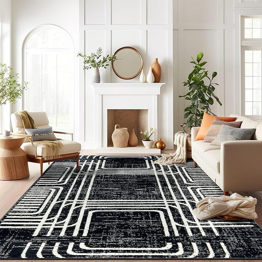 Rugshop Black and White Geometric Area Rug – Abstract Curved Line and Square Pattern Carpet for Living Room, Bedroom, or Office – Contemporary Soft Floor Décor 7' 10" x 10' Black