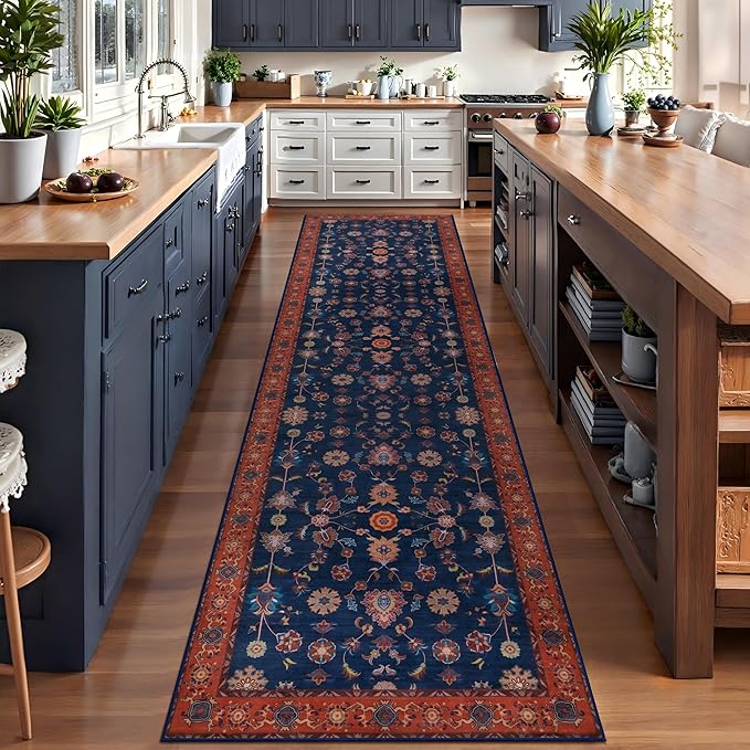 Tangsoo 2x12 Washable Runner Rug for Hallway Non Slip, Boho Floral Vintage Red Blue Carpet Long Runner Rugs for Entryway Kitchen, Floor Low Pile Runners for Laundry Bedroom Alfombra Farmhouse