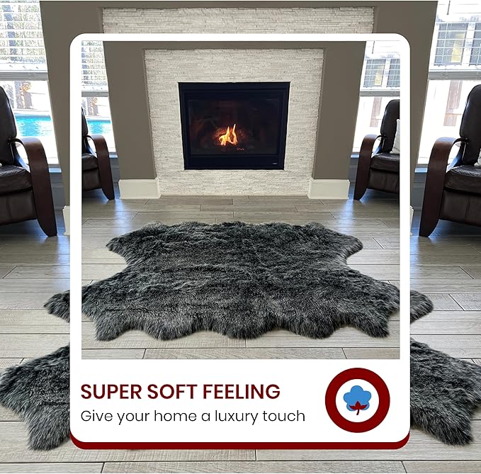 Free Shape Luxury Soft Fluffy Shag Area Rug Double Side by Side 3'x4', 90x120cm - Vegan Fur Ultra Soft Indoor Carpet Nursery Rugs for Bedroom Home Decor, Black with White Tips