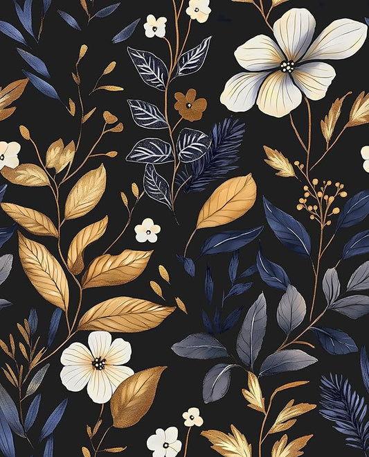 Blue/Gold Leaf Wallpaper Peel and Stick Vintage Dark Floral Wallpaper Waterproof Self Adhesive Removable Boho Wall Paper Modern for Bedroom Walls Drawer Cabinet 17.5in x393in