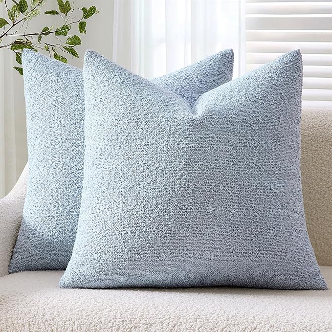 ANRODUO Pack of 2 Textured Boucle Throw Pillow Covers Soft Light Blue Euro Decorative Accent Solid Pillow Cases Cozy Modern Couch Cushion Case for Bed Sofa Bedroom Living Room Home Decor, 24 x 24 Inch