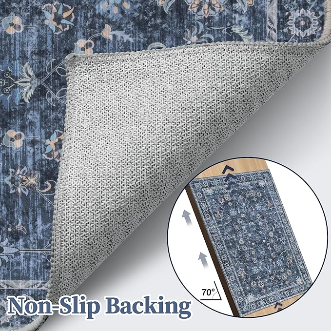 Tangsoo 10x14 Large Area Rug for Living Room, Non Slip Machine Washable Rug for Bedroom, Boho Distressed Vintage Blue Floral Rugs, Soft Indoor Floor Carpet Mat for Office Kitchen Farmhouse Home Decor