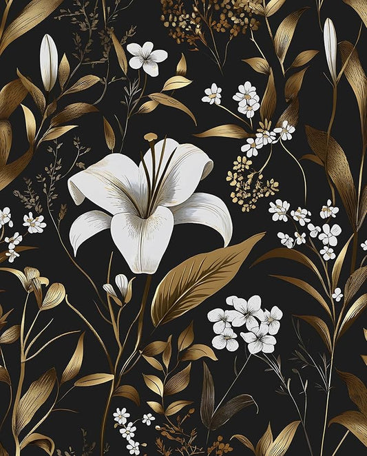 Black White Floral Wallpaper Peel and Stick, Dark Gold Vintage Contact Paper 17.5" x 393", Golden Botanical Wall Paper Self Adhesive Removable Waterproof for Bedroom Cabinet Drawer Table Decor