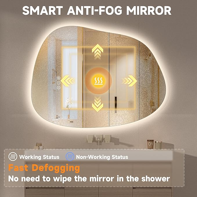 Hasipu Irregular Wall Mirror with Lights- 31"x24" Large Vanity Mirror with Anti-Fog, 3 Color Modes,Dimmable Light, Memory Function, Backlit Wall Mount, Horizontal/Vertical