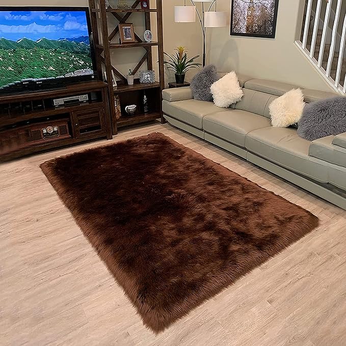 LAMBZY High Pile Super Soft Faux Sheepskin Rug (4'x6', Brown)
