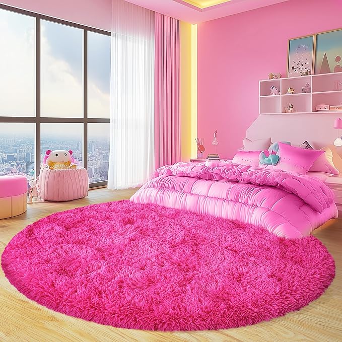 Round Fluffy Rugs 6Ft for Girls Bedroom, Hot Pink Shag Circle Kids Rug Non-Slip for Bedside Dorm Nursery Playroom, Soft Cute Area Rugs for Living Room Decor