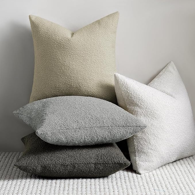 Throw Pillow Covers 18 x 18 Inch Set of 2, Beige Decorative Accent Solid Boucle Textured Pillow Cover, Cozy Neutral Cushion Pillow Cases for Living Room, Sofa, Chair, Bedroom, Home Decor