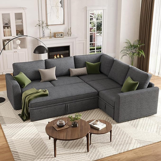 GarveeHome Sectional Sleeper Sofa with Pull Out Bed, Corduroy Modular Sectional Sofa L Shaped 5 Seat Couch with Pull Out Couch and Storage Seat, Convertible Sectional Couches for Living Room
