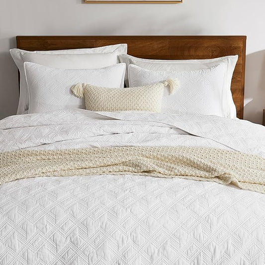 WDCOZY 100% Cotton Queen Size Quilt Set - White Pre-Washed Soft Lightweight Modern Bedspread, Farmhouse Country Rustic Coverlet, Textured Like Linen, Shabby Chic Gauze Bedding, 3 Pieces