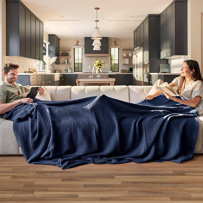 Bedsure Gentlesoft 100% Cotton Blanket Twin XL Size for College Dorm - Breathable and Soft, Waffle Weave Twin Blanket for Summer, Dorm Room Essentials, Pageant Blue, 66x90 inches