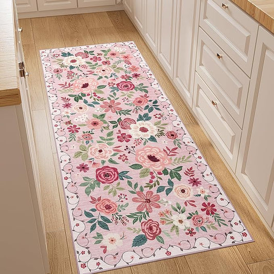 DUKINO 2x5 Runner Rug for Hallway, Washable Kitchen Floral Runner Rug with Non Slip Backing, Low Pile Soft Boho Carpet for Kitchen, Hallway, Entryway, Laundry, Bedroom, Pink
