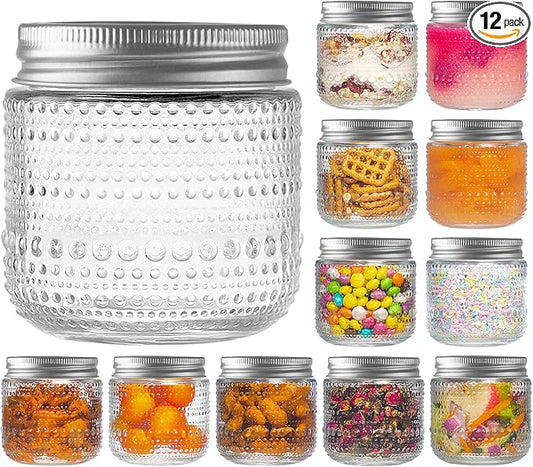 Mason Jars 8 Oz with Lids 12 Packs, Vintage Small Glass Canning Jars with Silver Metal Lids for Storing, Pickling, Honey, Jam, Home Decor, Candle and DIY Crafts