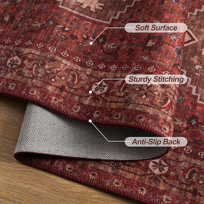 Tangsoo 2.6x10 Washable Hallway Runner Rug, Non Slip Vintage Runner Rug for Hallways, Soft Low Pile Long Rug Runner, Print Distressed Carpet Runners for Kitchen Bedroom Entryway Living Room Dark Red