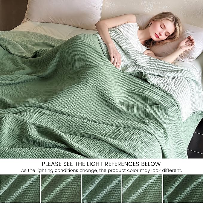 FALUCA Cotton Muslin Reversible Blanket Queen Size for Bed, Couch, Four Layers Blanket, Soft Lightweight Cozy Breathable Farmhouse Decoration for All-Season, Light Green
