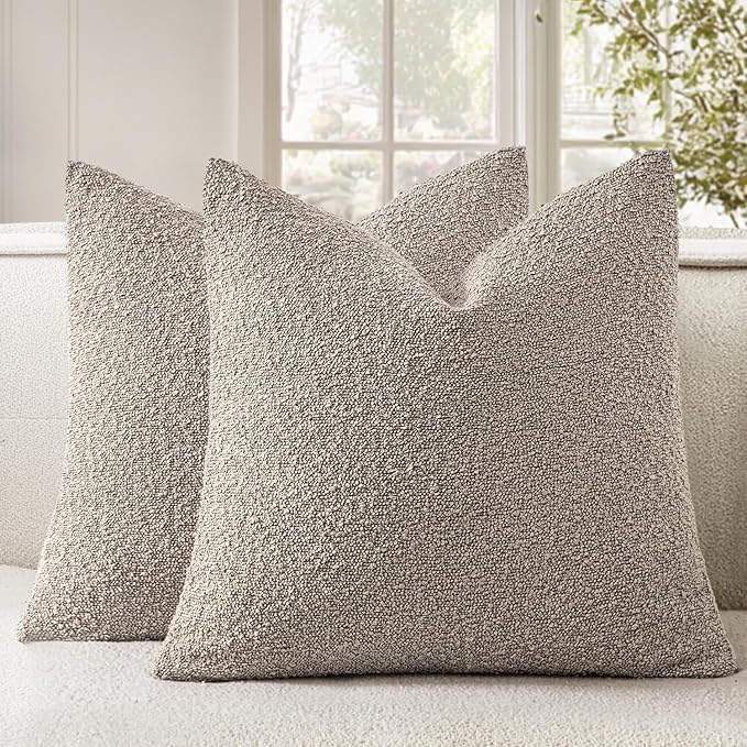 Woaboy Pack of 2 18x18 Inch Decorative Boucle Throw Pillow Covers Textured Square Pillowcaes Accent Solid Cozy Soft Cushion Covers Home Decor for Sofa Couch Living Room Home Decor,Light Taupe