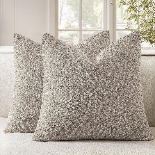 Woaboy Pack of 2 18x18 Inch Decorative Boucle Throw Pillow Covers Textured Square Pillowcaes Accent Solid Cozy Soft Cushion Covers Home Decor for Sofa Couch Living Room Home Decor,Light Taupe