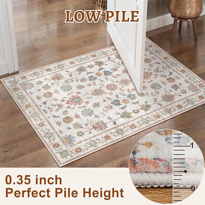 Tangsoo 2x4 Washable Rug for Entryway, Vintage Floral Entry Rug Non Slip, Indoor Front Door Small Rugs, Door Mat Carpet, Soft Low Pile for Entrance Kitchen Bedroom Bathroom