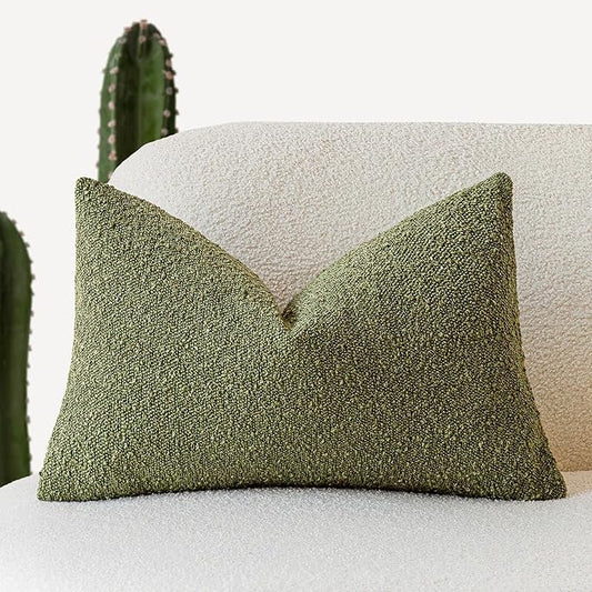Foindtower Textured Boucle Throw Pillow Covers Accent Solid Lumbar Pillow Cases Cozy Soft Decorative Couch Cushion Case for Chair Sofa Bedroom Living Room Home Decor, 12 x 20 Inch,Green