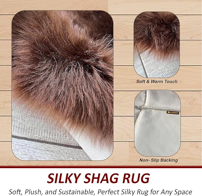 LAMBZY Faux Sheepskin Super Soft Hypoallergenic Silky Shag Rug for Living Room, Kids Room, Sofa (Duo Decto 12 Pelts 6'x12', Brown)