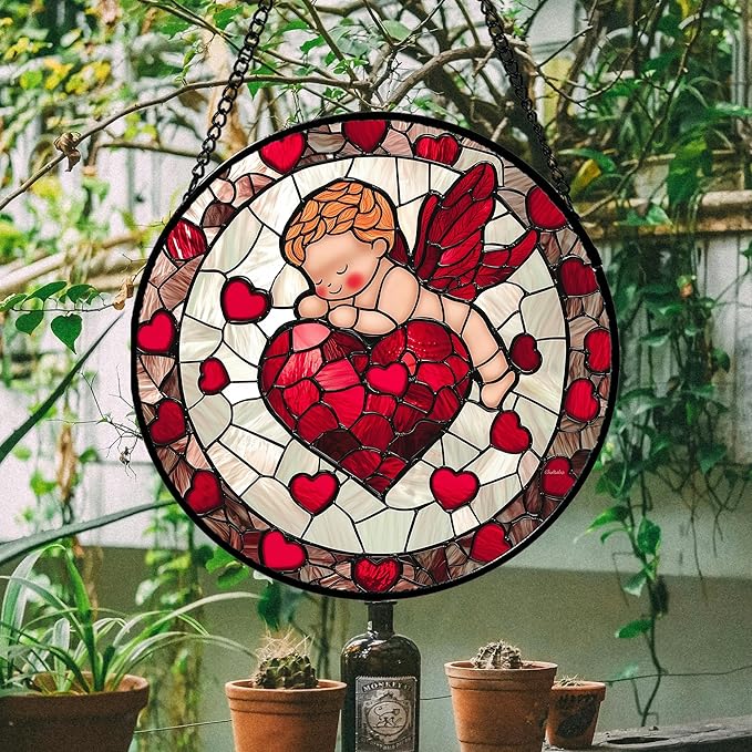 Stained Glass Window Hanging - Red Love Angel Sun Catcher for Door Garden Home Decor Cute Suncatcher Christmas Mother's Day Birthday for Women Men Mom Nana 6.3 in