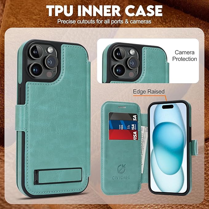 CIVICASE for iPhone 15 Pro Max Wallet Case with Stand,PU Leather Flip Credit Card Holder Slots (RFID Blocking),Compatible with Magsafe Magnetic Holder Phone Cover Women Men,Green