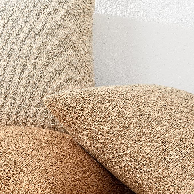Mixhug Decorative Boucle Throw Pillow Covers, Camel, 20 x 20 Inches, Pack of 2 - Textured Boho Pillow Covers for Couch and Bed