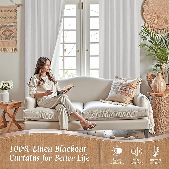 LAMIT Natural 100% Blackout Linen Curtains, 54 Inches Linen Textured Thermal Bedroom Curtains Back Tab and Rod Pocket Neutral Panels with White Liner for Farmhouse, 2 Panels, 42 x 54 Inch, Light Grey