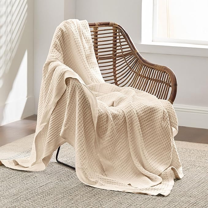 Bedsure Gentlesoft 100% Cotton Blanket Twin XL Size for College Dorm - Breathable and Soft, Waffle Weave Twin Blanket for Summer, Dorm Room Essentials, Yellowish Cream, 66x90 inches