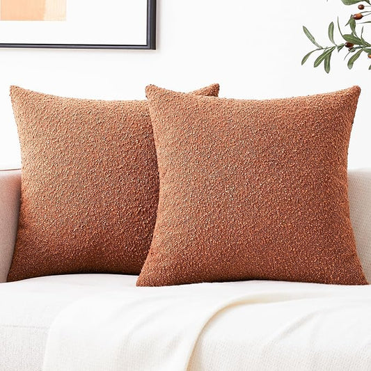 Mixhug Decorative Boucle Throw Pillow Covers, Rust, 18 x 18 Inches, Pack of 2 - Textured Boho Pillow Covers for Couch and Bed