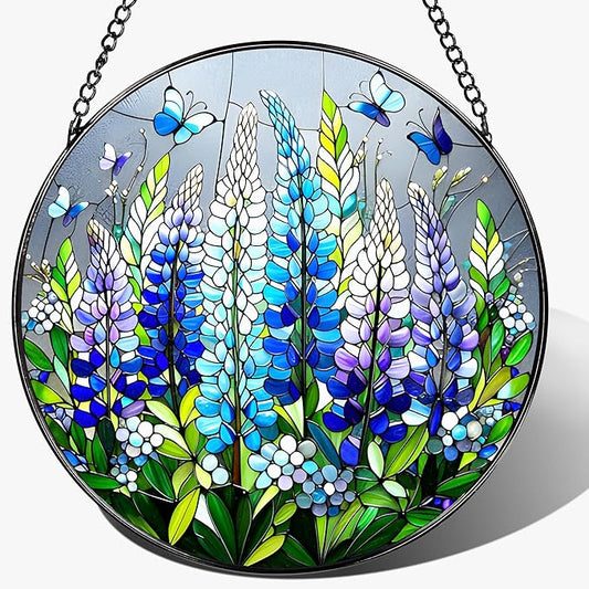 8-Inch Stained Glass Ornament, Stained Glass Window Hanging, Window Hanging Decor Suncatcher, Texas Bluebonnet Ornament | Christmas, Mother's Day, Birthday | Gifts for Mom, Garden Gifts for Friends