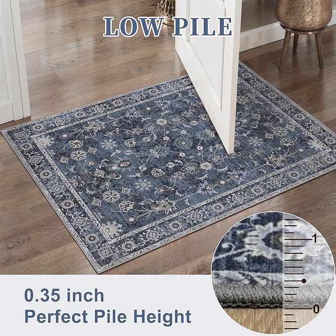 Tangsoo Washable Area Rugs 3x5 Non Slip, Boho Distressed Vintage Blue Floral Throw Rug for Bedroom Entryway, Soft Low Pile Floor Carpet Indoor Mat for Entrance Bedside Kitchen Nursery Office Farmhouse