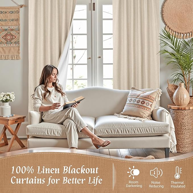 LAMIT Natural 100% Blackout Linen Curtains, 54 Inches Linen Textured Thermal Bedroom Curtains Back Tab and Rod Pocket Neutral Panels with White Liner for Farmhouse, 2 Panels, 42 x 54 Inch, Linen