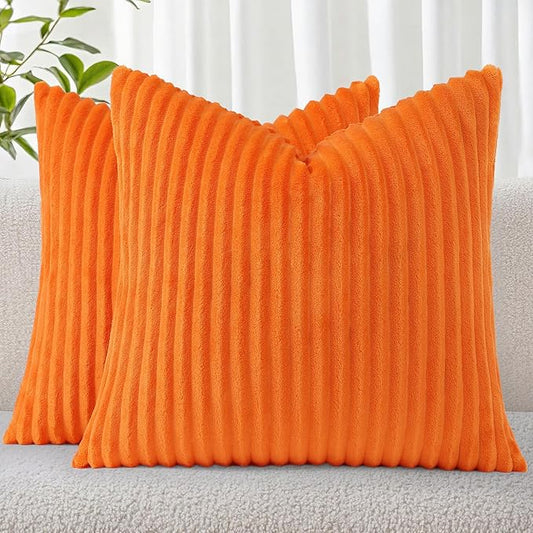 Simmore Decorative Throw Pillow Covers 20x20 Set of 2, Soft Natural Plush Flannel Double-Sided Fluffy Couch Pillow Covers for Sofa Living Room, Orange