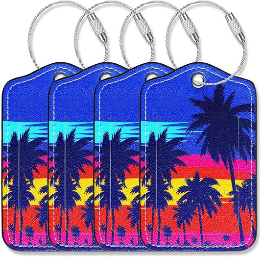 Luggage Tags for Suitcases-Leather Luggage Tag 4 Pack with Loops Cute Bag/Backpack/Suitcase Tags Bulk Travel Essentials for Flying