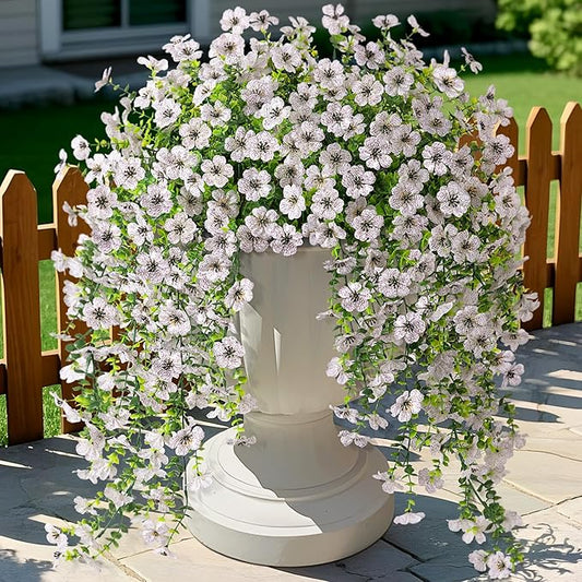 Artificial Hanging Flowers for Outdoors Faux Plants Decoration, 2 Packs Fake Silk Daisy Flower Realistic Outdoor Flowers UV Resistant Porch Patio Window Yard Outside Decor(White)