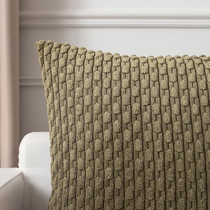 Kevin Textile Pack of 2 Corduroy Decorative Throw Pillow Covers 24x24 Inch Soft Boho Striped Pillow Covers Modern Farmhouse Home Decor for Sofa Living Room Couch Bed Olive Green