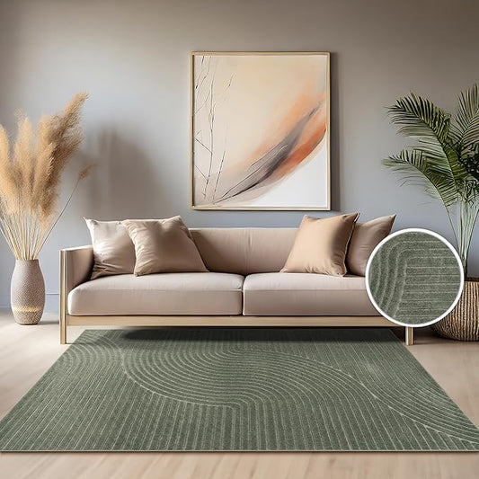 Paco Home Modern Area Rug with Raised Curved Line Pattern – Minimalist Design in Green, Size: 5'3" x 7'7"