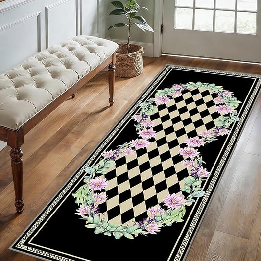 Vintage Farmhouse Checkered Hallway Carpet, 2x7ft, Elegant Floral Flower Checkerboard Indoor Throw Rugs, Absorbent Washable Foldable No Crease High Traffic Mat for Laundryroom Floor