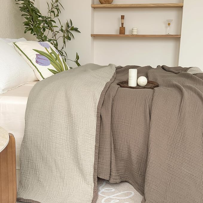 FALUCA Cotton Muslin Reversible Blanket Twin Size for Bed, Couch, Four Layers Blanket, Soft Lightweight Cozy Breathable Farmhouse Decoration for All-Season, Brown